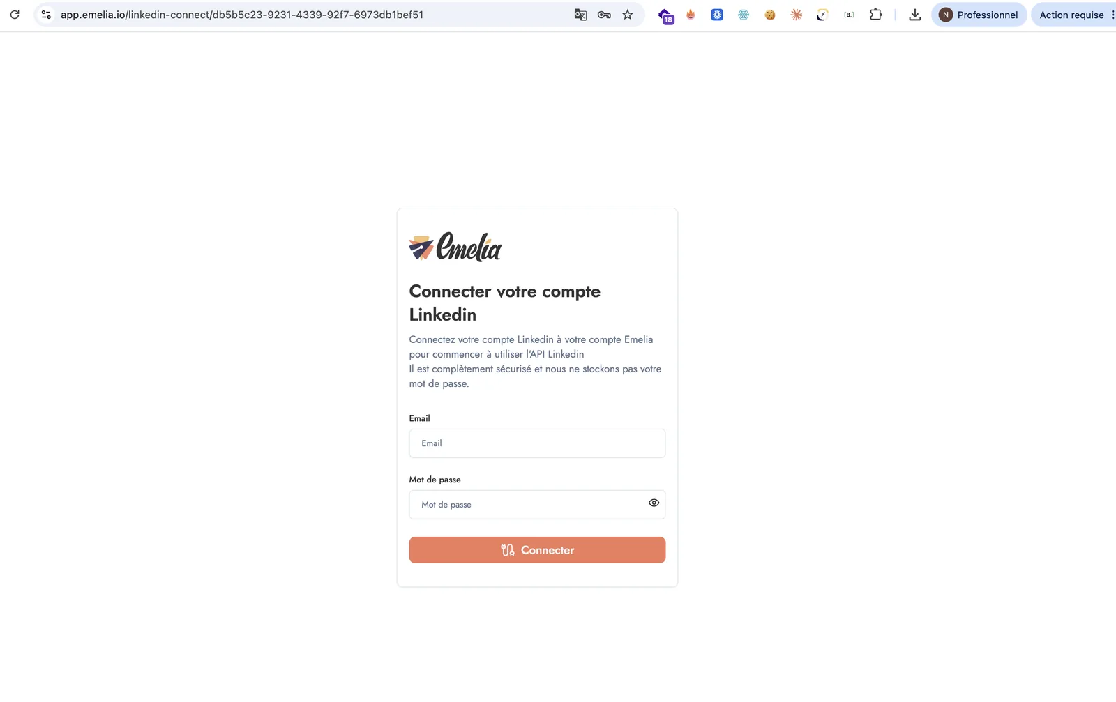 Page de connexion LinkedIn hébergée par Emelia, avec les champs e-mail et mot de passe