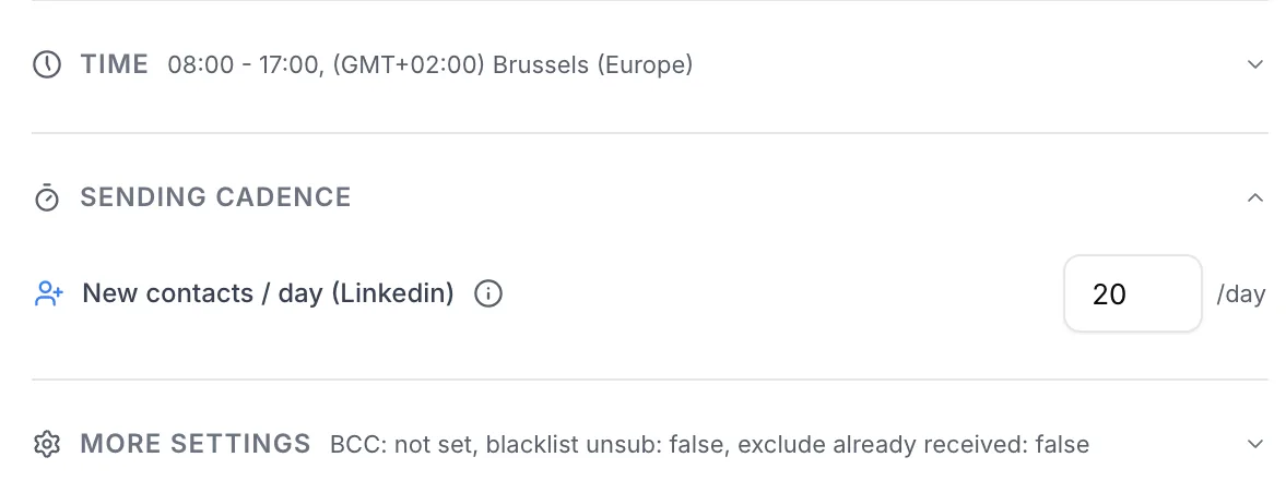 Sending cadence block of the campaign settings, with New contacts / day (Linkedin) set to 20