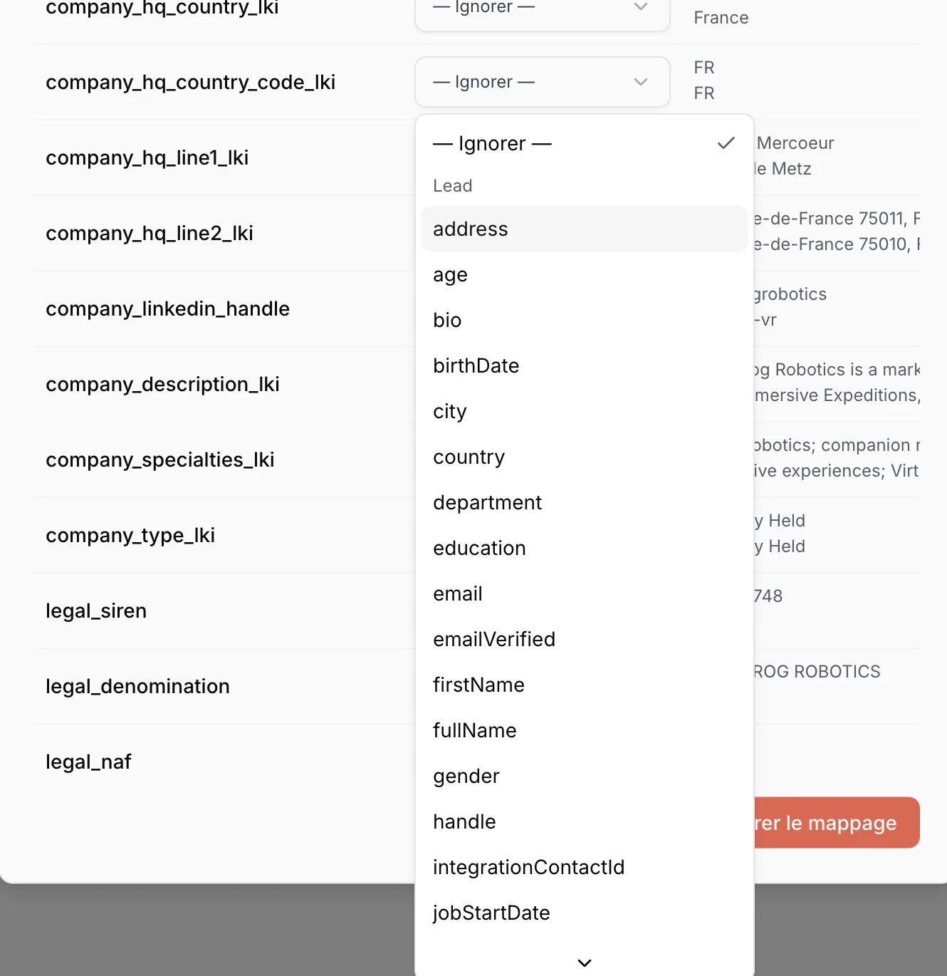Dropdown of the target fields available for a column