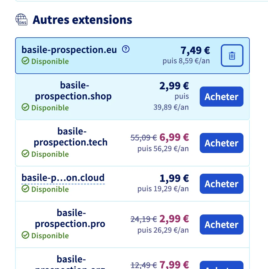 Liste des extensions disponibles pour le nom de domaine avec leurs prix