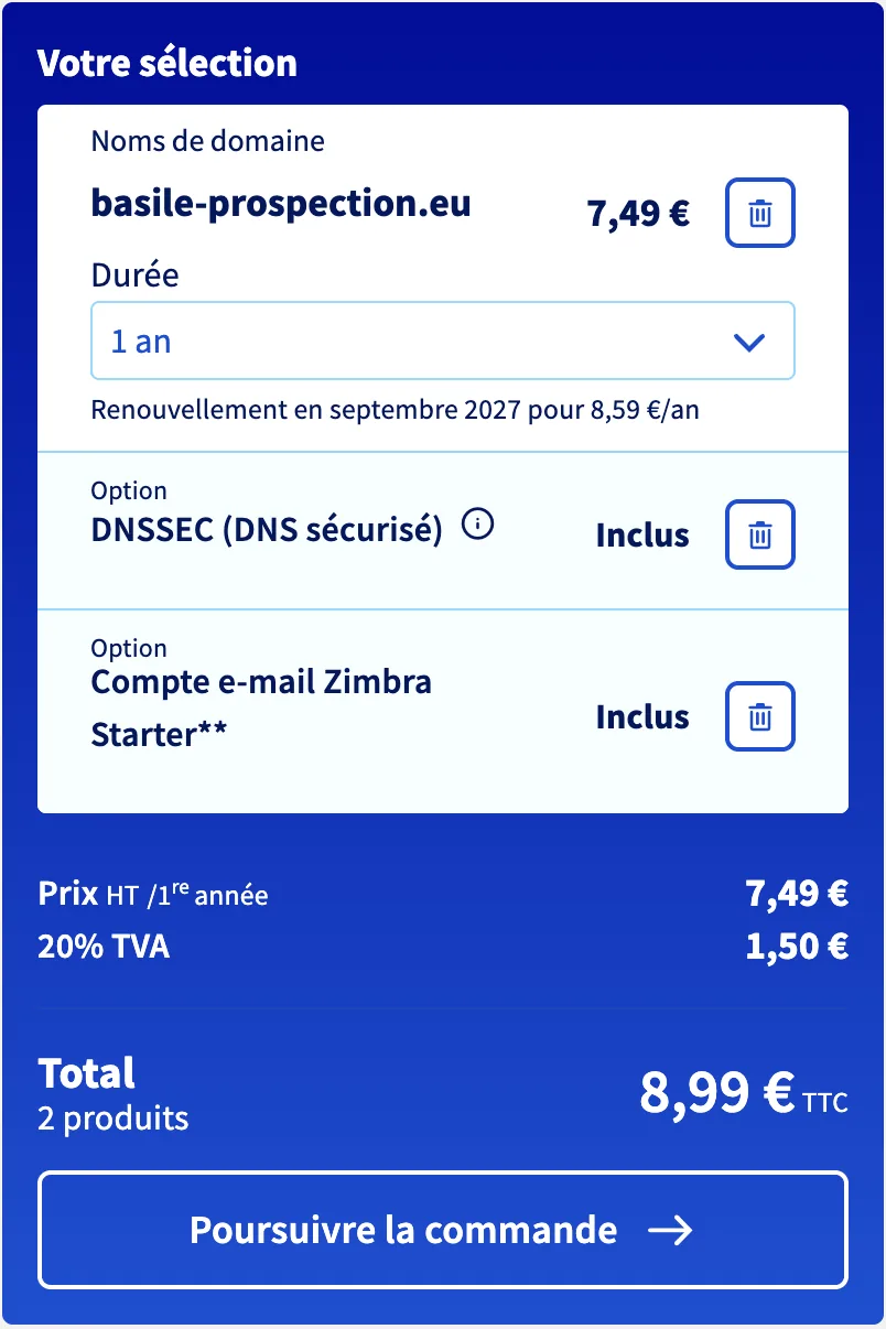 Panier OVH récapitulant le domaine, le DNSSEC et le compte email inclus