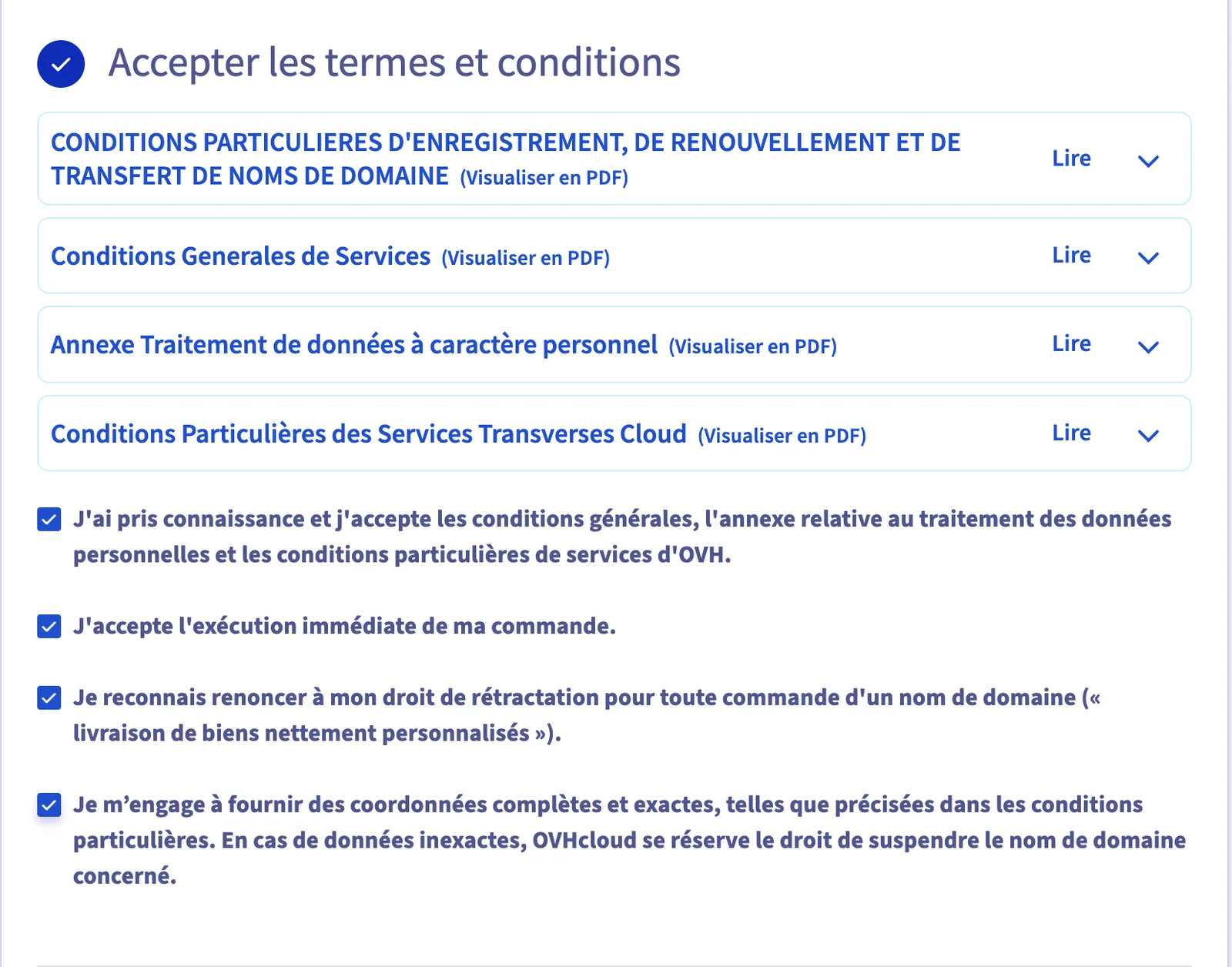 Cases à cocher des conditions générales d'OVH