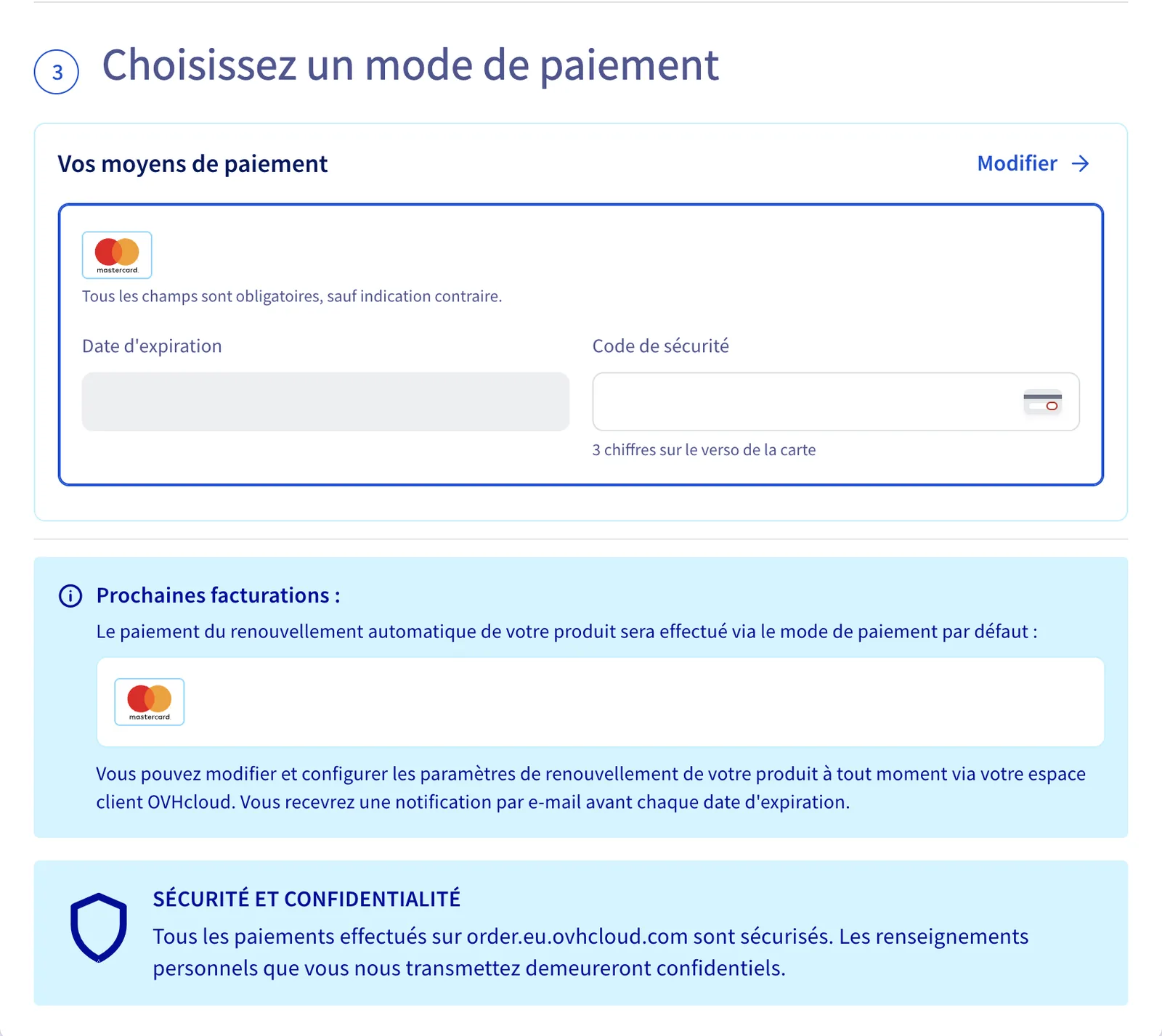 Écran de choix du mode de paiement chez OVH