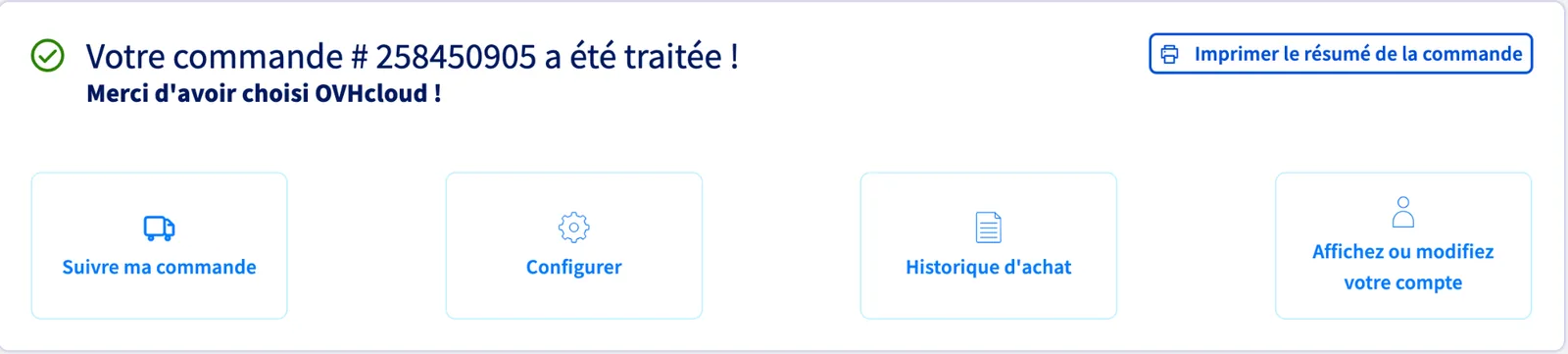 Bandeau de confirmation de commande OVH