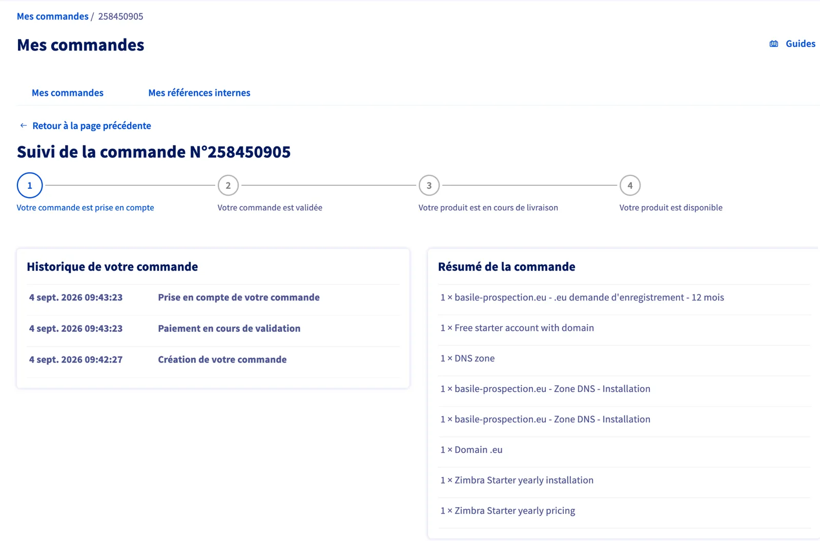 Suivi de commande OVH à la première étape