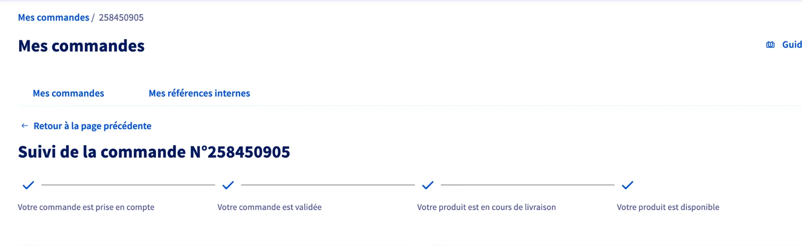 Suivi de commande OVH avec les quatre étapes validées