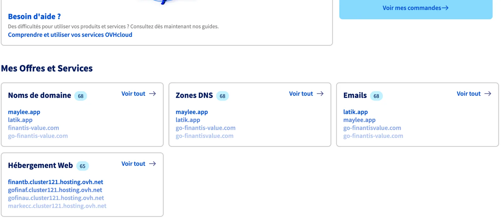 Bloc Mes Offres et Services du tableau de bord OVH