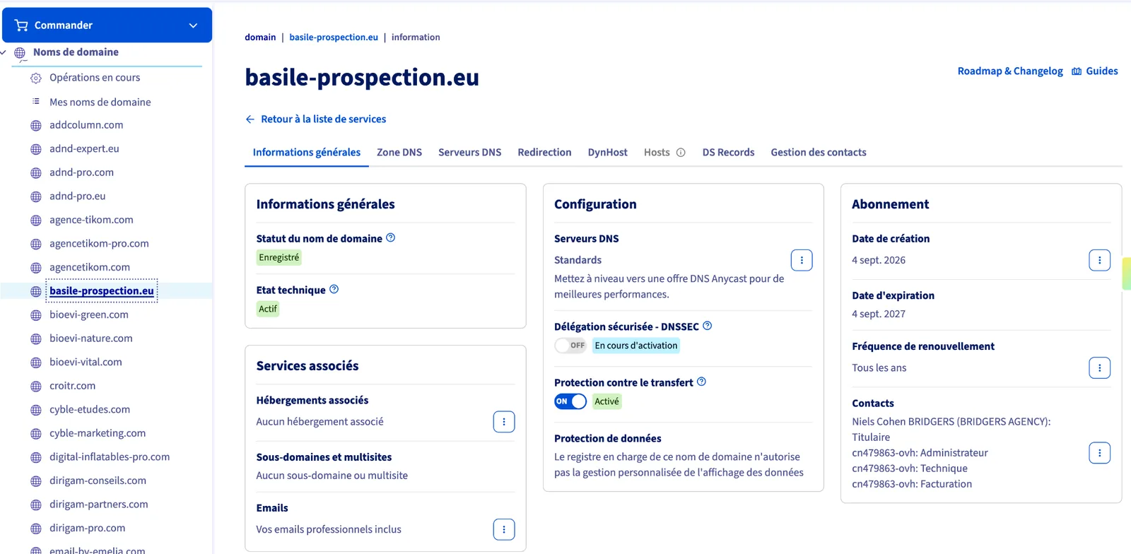 Fiche d'un nom de domaine dans l'espace client OVH