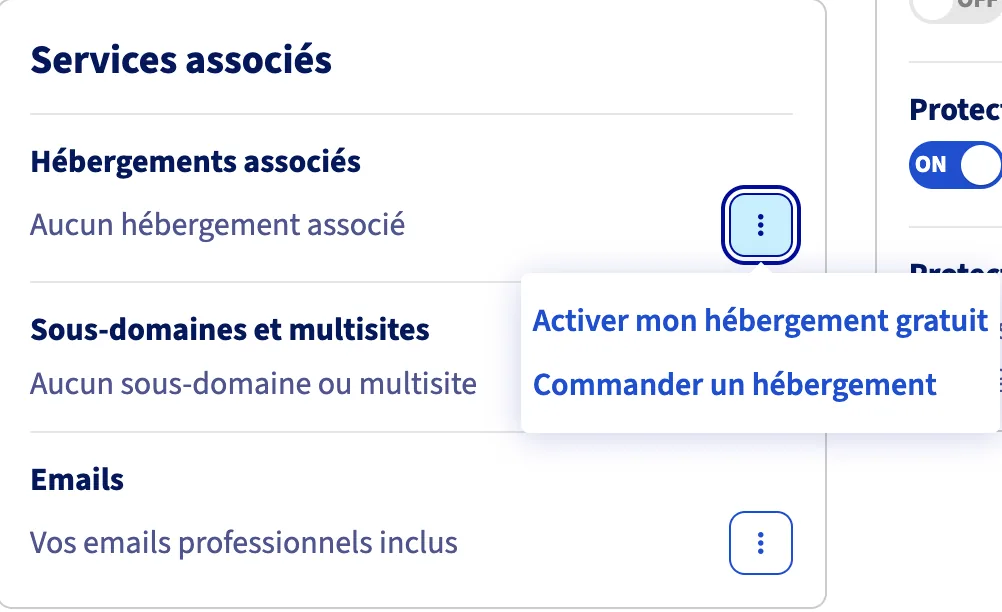 Menu contextuel proposant d'activer l'hébergement gratuit