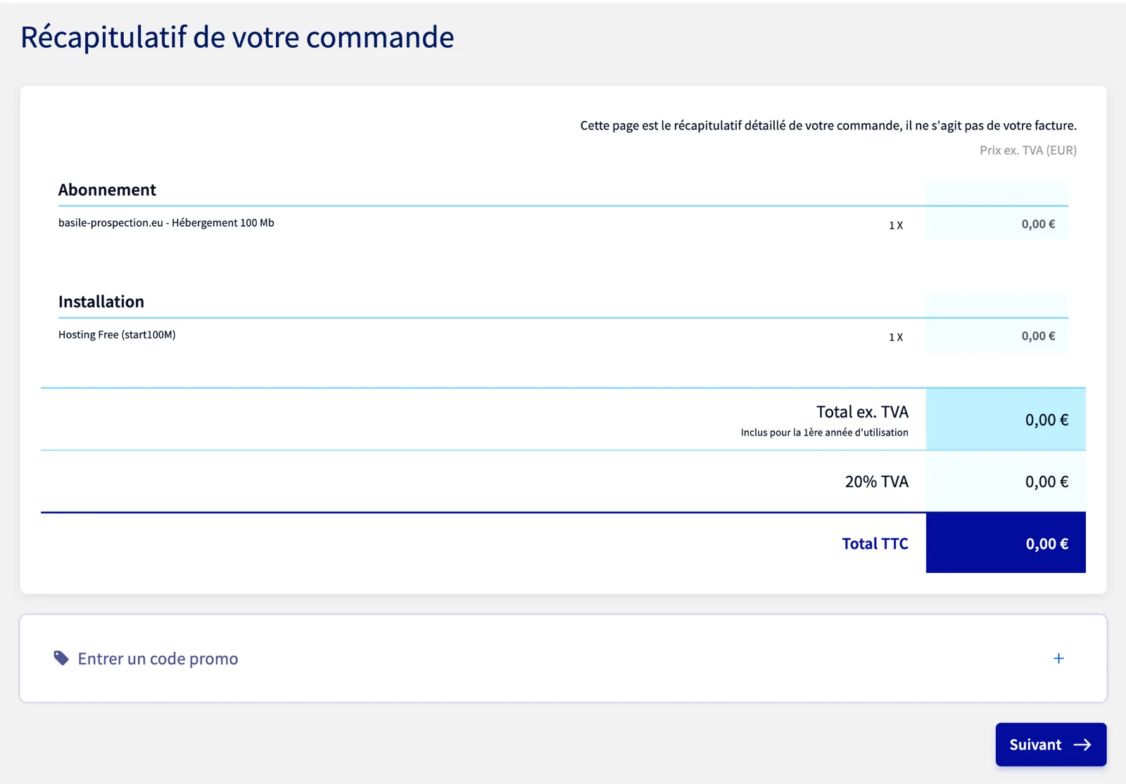 Récapitulatif de commande OVH à zéro euro