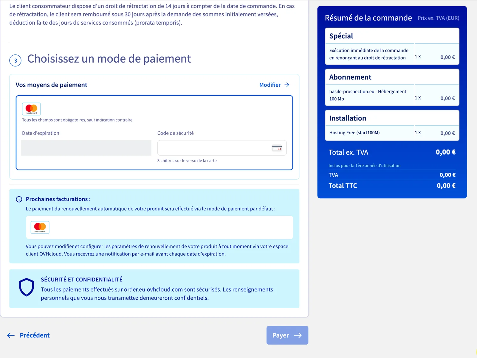 Écran de paiement OVH pour une commande à zéro euro