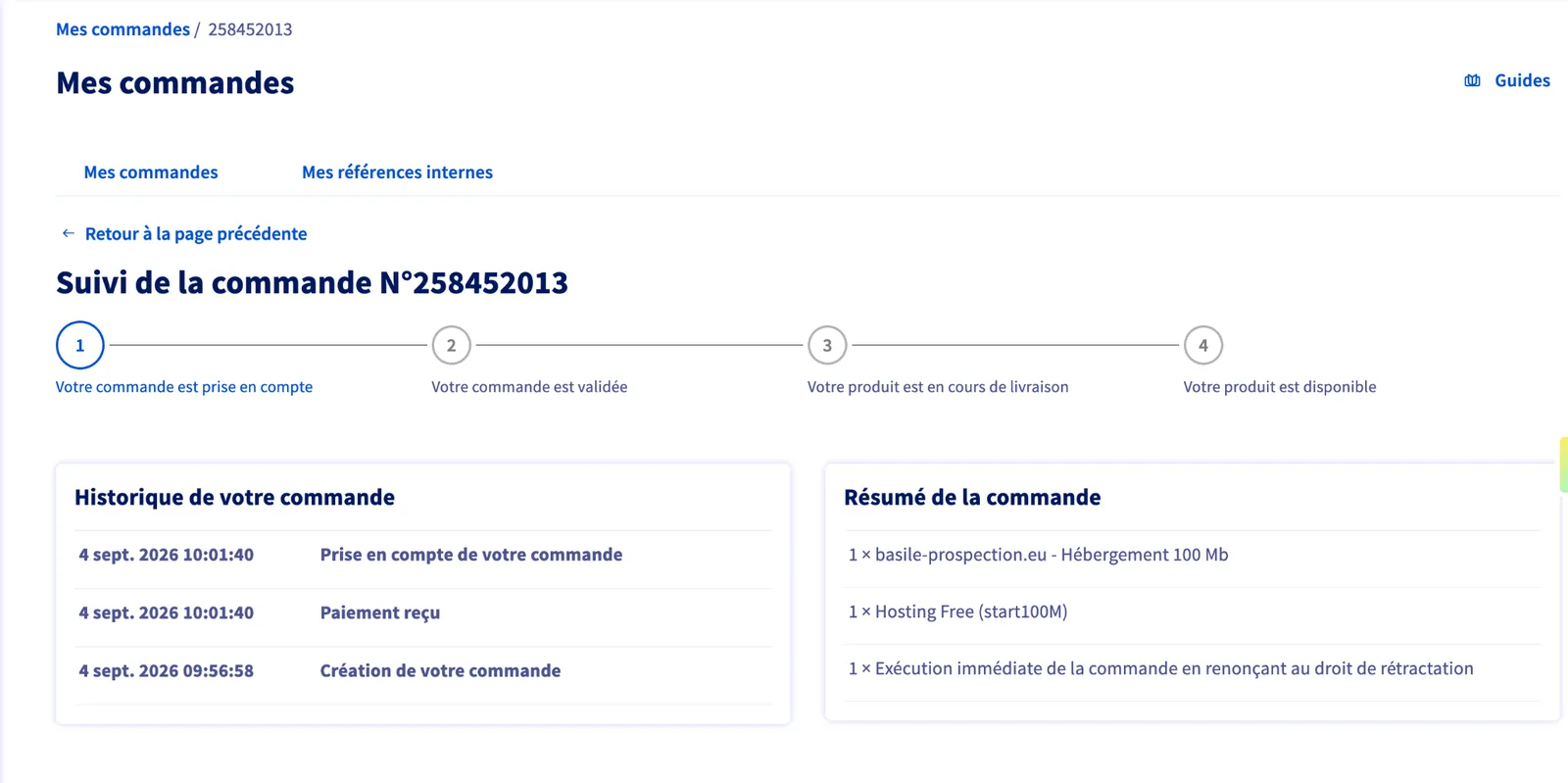 Suivi de la commande de l'hébergement gratuit