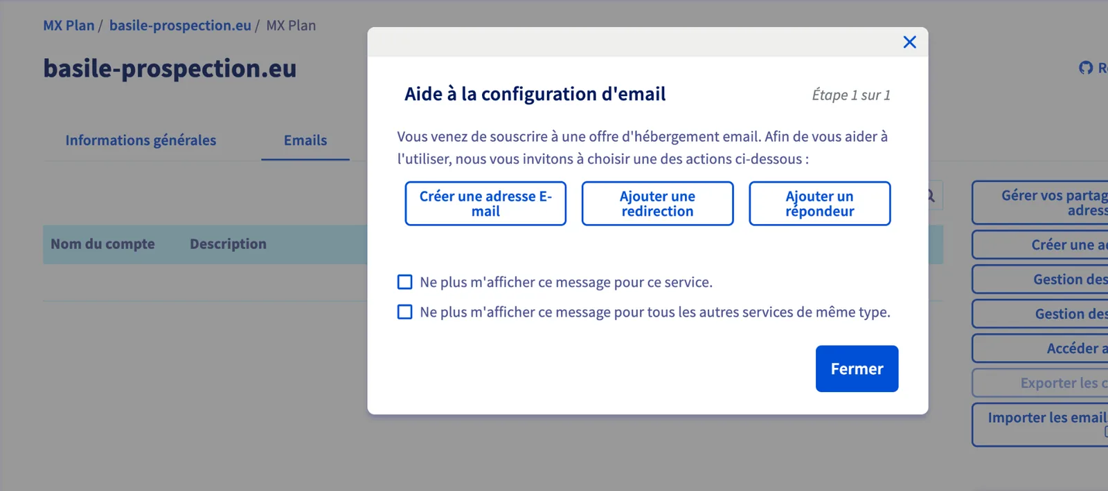 Modale d'aide à la configuration d'email chez OVH