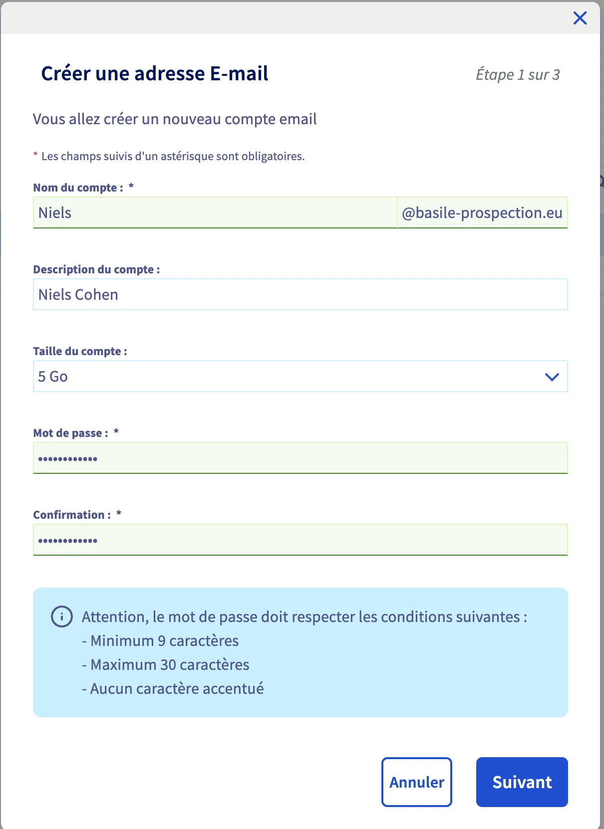 Formulaire de création d'une adresse email chez OVH