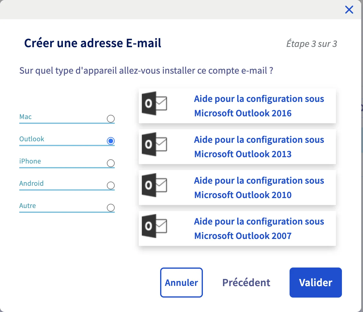 Dernière étape de création du compte email chez OVH