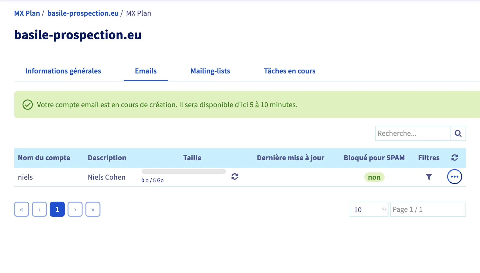 Confirmation de la création du compte email dans l'espace OVH
