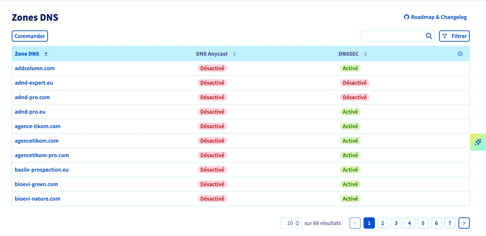 Liste des zones DNS avec le champ de recherche