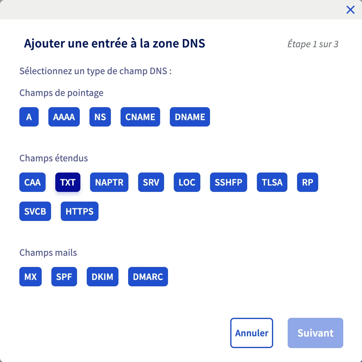 Choix du type de champ DNS dans la fenêtre d'ajout OVH
