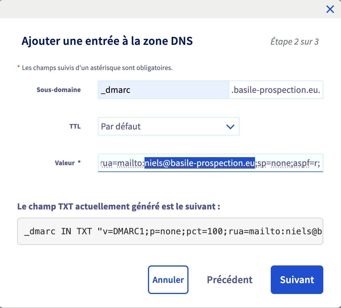 Champ valeur rempli avec l'enregistrement DMARC