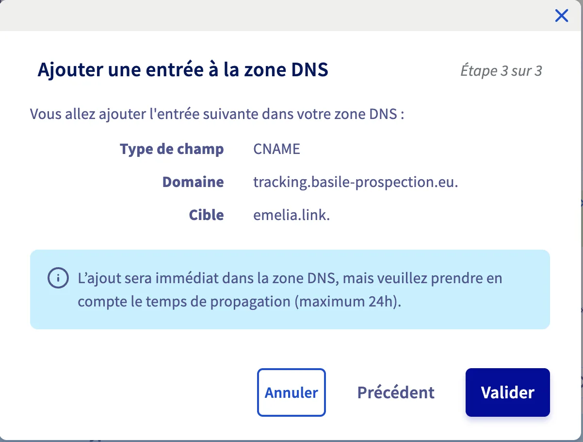 Validation de l'enregistrement CNAME de tracking chez OVH