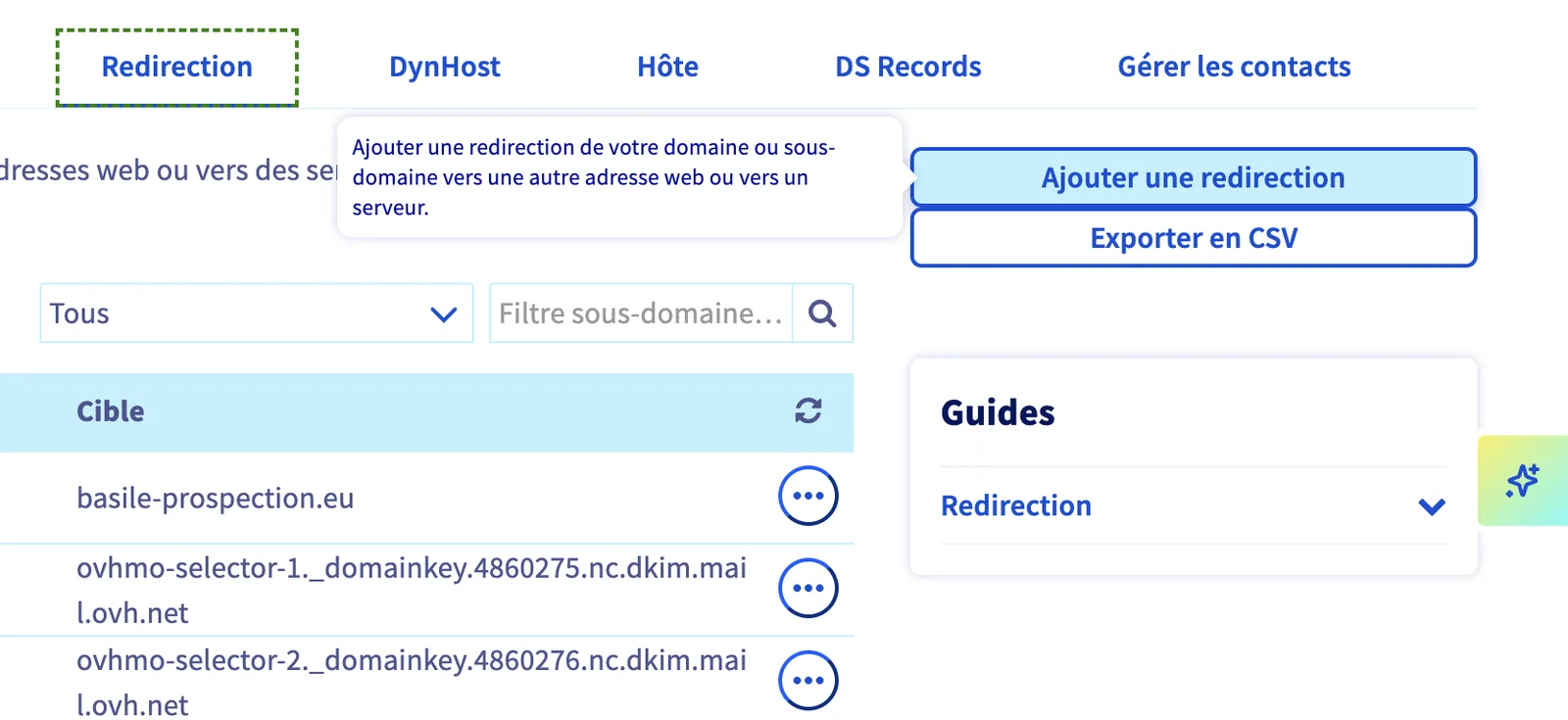 Bouton Ajouter une redirection dans l'espace client OVH