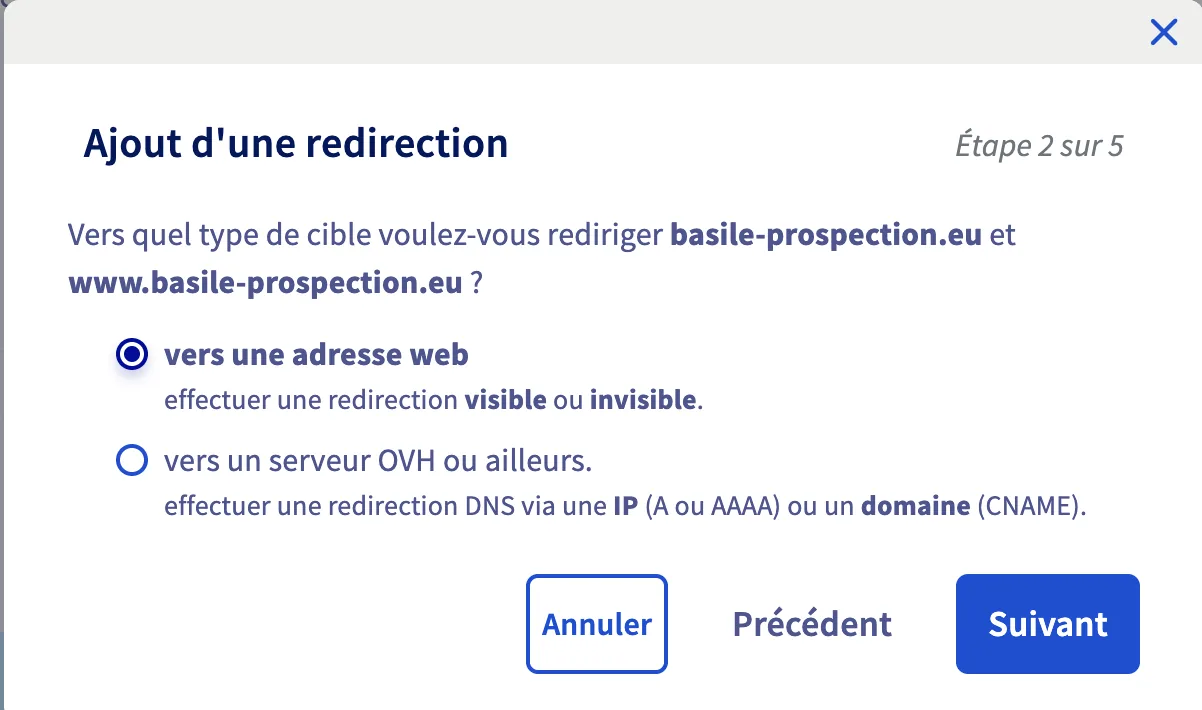 Choix du type de cible de la redirection