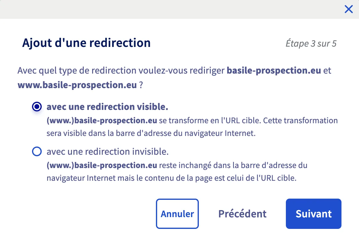 Choix entre redirection visible et invisible