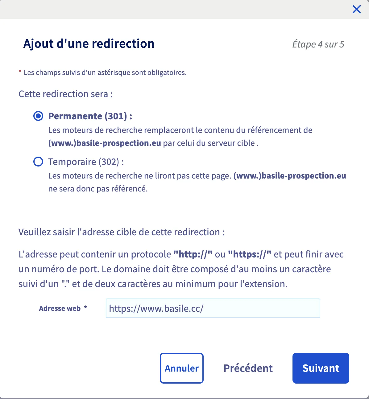 Saisie de l'adresse web cible et du code de redirection