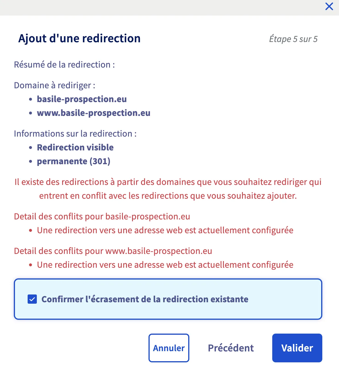 Récapitulatif final de la redirection chez OVH