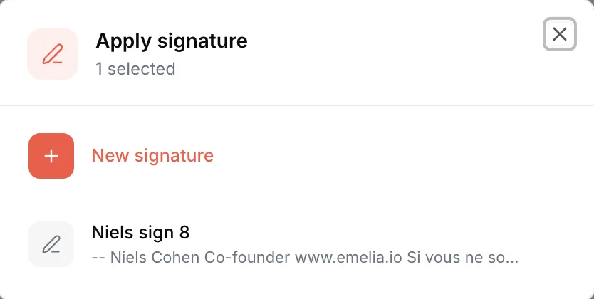 Apply signature window with New signature and an existing signature