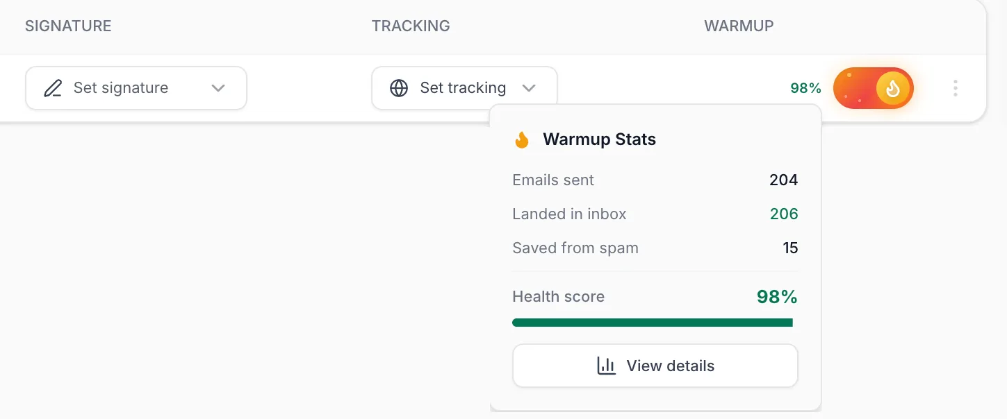 Health score and View details button in the Warmup column